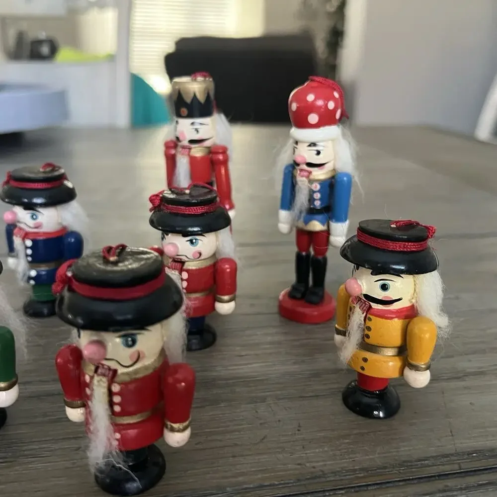 7 Vintage Wooden Nutcracker Hand Painted Ornaments 2 - 4” And 5 - 2.5”